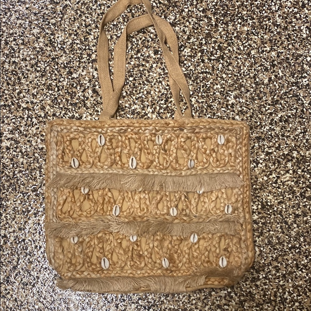 Tan Woven Fringe Tote Bag